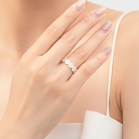 925 Sterlingsilber Süße Gänseblümchen Blume Offener Ring Für Damen Emaille Weiß Gelb Gänseblümchen Verstellbar Mori Stil Schmuck Geschenk