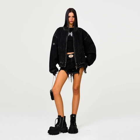 Giacca Bomber In Denim Lavato Oversize Donna Motivo A Croce Retrò Cotone Capispalla Cerniera Lampo Collo Alto
