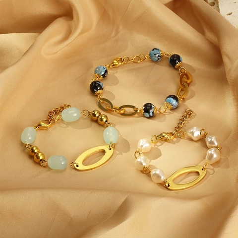 Bracelet En Acier Inoxydable Vintage Pour Femmes Avec Künstliche Perles En Résine Et Fausses Künstliche Perles Bijoux Ovales Épissés Dorés