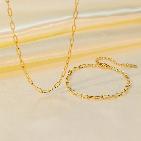 Textured Paperclip Chain Necklace And Bracelet 18K Gold Plated Stainless Steel Minimalist Jewelry For Women