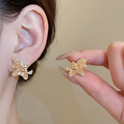 Orecchini A Lobo Unicorno Con Perno In Argento Sterling 925 Placcato Oro 18K Zircone Cristallo Pegaso Gioielli Da Donna