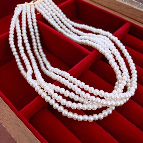 Multi Layer Imitation Artificial Pearl Choker Necklace Multi Strand Vintage Elegant Adjustable Chain Jewelry For Women Wedding Party