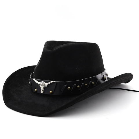 Western Cowboy Hat Faux Suede Wide Brim With Metal Bull Head Leather Band Vintage Jazz Fedora Riding Hat For Men Women