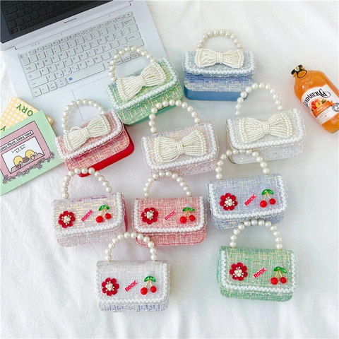 Kids Girls Mini Tweed Crossbody Bag Artificial Pearl Handle Sweet Princess Fashion Handbag Metal Chain Bow Cherry Decor
