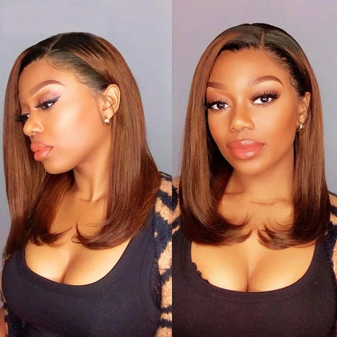 Ombre Brown Bob Wig For Women Short Straight Synthetic High Temperature Fiber Side Bangs Lace Front Natural Hairline
