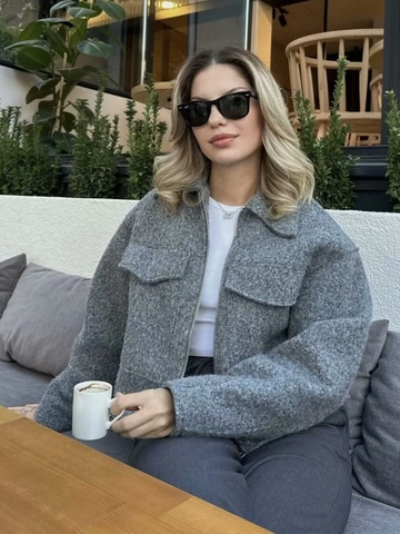 Women Short Woolen Jacket Lapel Zipper Coat With Large Pockets Solid Color Long Sleeve Casual Streetwear Outerwear