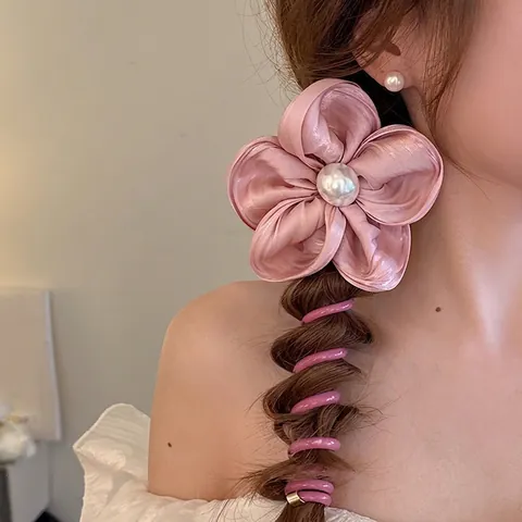 Elastico Capelli Cavo Telefonico Con Fiore Con Tessuto In Raso E Finta Perla Artificial Per Donne Supporto Coda Cavallo Fascia Spirale