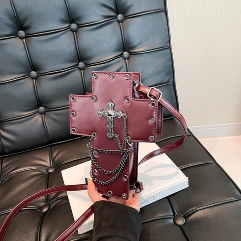Gothic Cross Shaped Crossbody Bag For Women PU Leather With Rivets Chains And Skull Decor Punk Style Shoulder Bag