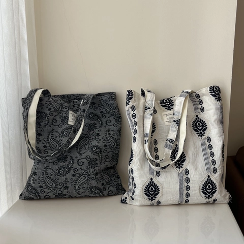 Vintage Cotton Linen Canvas Tote Bag Ethnic Embroidery Paisley Pattern Large Capacity Shoulder Handbag For Women