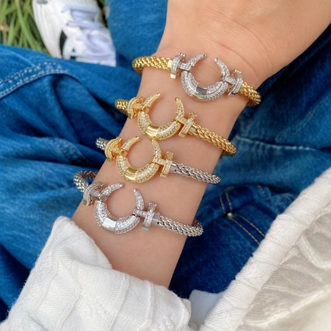 Pulsera de Cable Trenzado Chapada en Oro de 18K Con Hebilla de Herradura Luna para Hombre Mujer Pareja Joyería Regalo