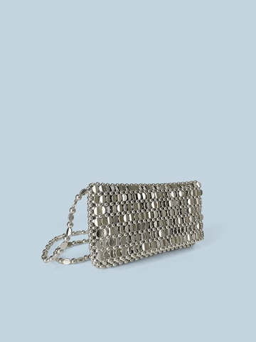 Silver Beaded Crossbody Phone Bag Metallic Hollow Design Flap Mini Evening Clutch With Chain Strap For Women
