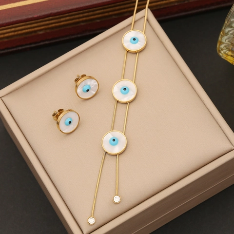 Evil Eye Pendant Necklace Gold Stainless Steel White Shell Detail Jewelry For Women Elegant Trendy Style