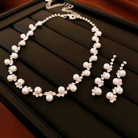 Elegant Wave Design Faux Artificial Pearl Rhinestone Necklace Earrings Luxury Choker For Women Wedding Party Jewelry