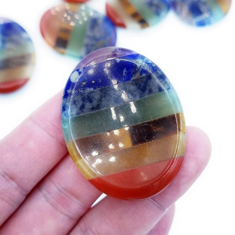 7 Chakra Worry Stone Oval Polished Natural Multi Layer Crystal Thumb Stone For Meditation Stress Relief Healing Energy