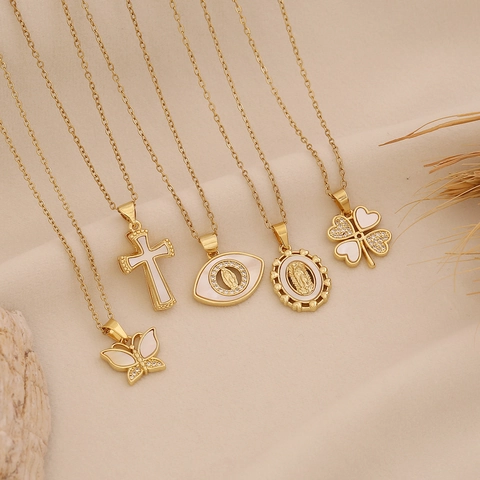 Collana Con Ciondolo In Conchiglia Placcata Oro Rame Acciaio Inossidabile Farfalla Croce Cuore Zircone Intarsiato Gioielli Di Moda Donne