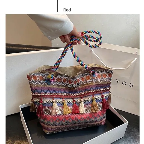 Bohemian Ethnische Gewebte Einkaufstasche Mit Bunten Quasten Große Kapazität Segeltuchfutter Urlaubs Strand Schultertasche Damen