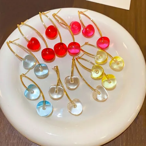 Boucles D'Oreilles Cerise Fruit En Résine Plaqué Or Avec Tige En Argent Sterling 925 Style Frais