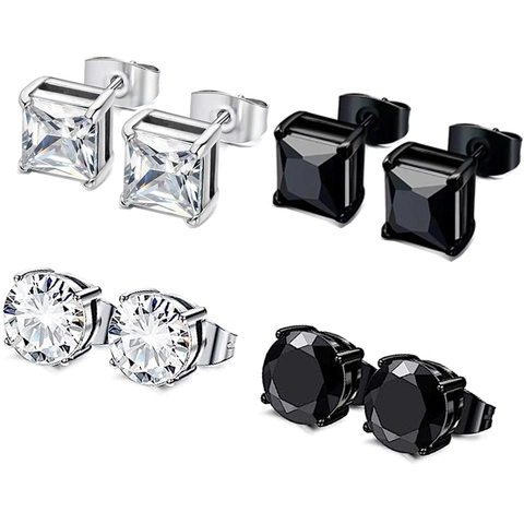 Stud Earrings Stainless Steel With Cubic Zirconia Round Square Geometric Punk Fashion Jewelry For Men Women