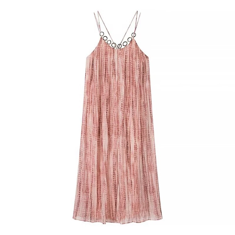 Vestito Maxi Tie Dye Sexy Da Donna Senza Maniche Pieghettato Chiffon Camisole Con Decorazione Ad Anello In Metallo Elegante