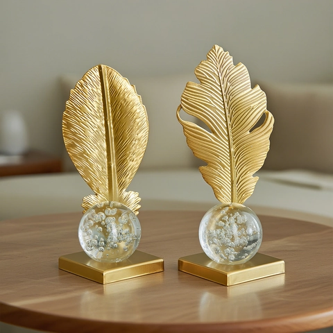 Ornamenti Da Scrivania Con Sfera Di Cristallo In Foglia Di Metallo Dorato Statue Di Piume Di Ginkgo Decorazione Casa Ufficio