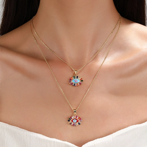 18K Vergoldet Kupfer Evil Eye Anhänger Halskette Mit Farbigem Strass Öltropfen Mode Schmuck Für Damen Alltag