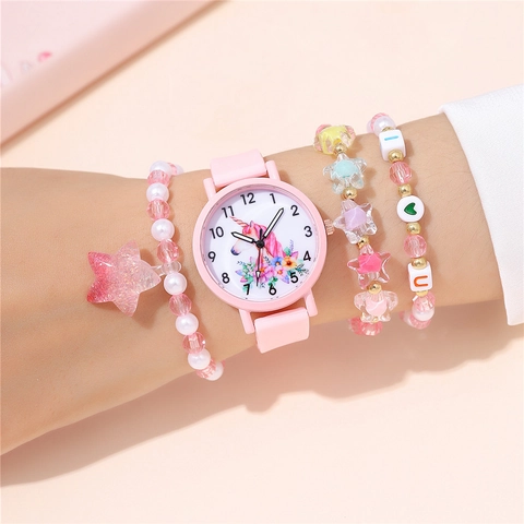 Kinder Quarzuhr Rosa Silikon Legierung Analog Armbanduhr Mädchen Student Freizeit Geschenk Einhorn Blumenmuster