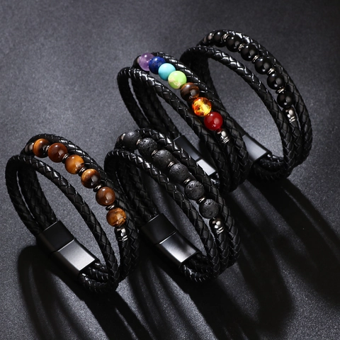 Bracciale Da Uomo In Pelle PU Intrecciata Con Perle In Pietρα Naturale E Chiusura Magnetica In Acciaio Inossidabile Multistrato