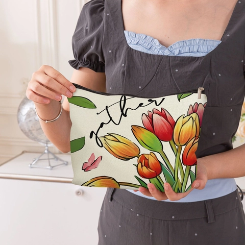 Borsa Per Cosmetici In Lino Fine Con Stampa Di Tulipani Organizer Da Viaggio Con Cinturino Chiusura Lampo Regalo