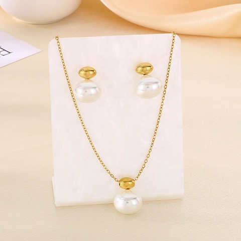 Shell Artificial Pearl Necklace And Earrings Stainless Steel Minimalist Elegant Baroque Style Fashion Accessory For Women Jewelry