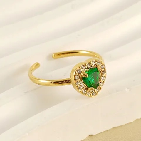 Heart Zircon Ring 18K Gold Plated Stainless Steel Adjustable Green Stone Fashion Jewelry For Women