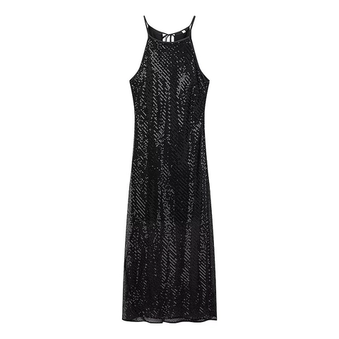 Sequin Halter Neck Maxi Dress Elegant Backless Sleeveless Split Party Evening Formal Gown Solid Black