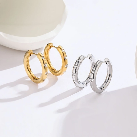 Titanium Steel Hoop Earrings Inlaid Rhinestone Gold Plated Geometric Minimalist Style Fashion Ear Jewelry For Women