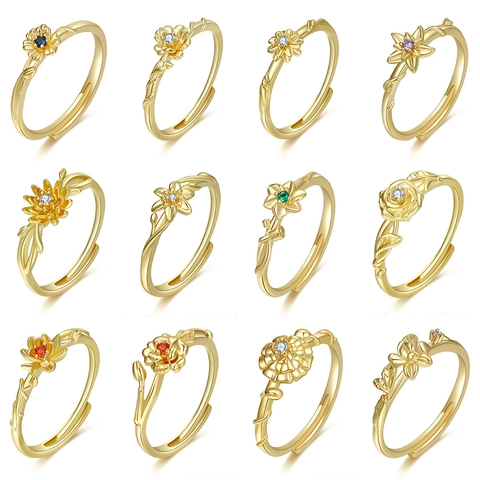 Anillo De Flor Cobre Circón Mes De Nacimiento Floral Apertura Ajustable Textura Vid Joyería Elegante Para Mujeres