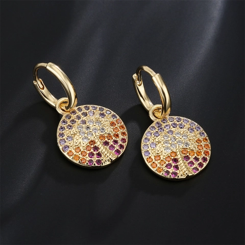 18K Gold Plated Copper Hoop Earrings Round Palm Tree Pendant Colorful Cubic Zirconia Tropical Beach Vacation Jewelry