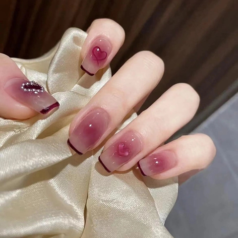 French Style Heart Artificial Pearl Press On Nails Pink Gradient Blush Sweet Elegant Square Artificial Fingernails