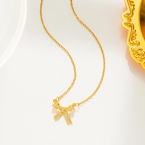 Collier Pendentif Nœud Papillon Acier Inoxydable Avec Zircon Incrusté Chaîne Clavicule Élégante Pour Femmes Design Minimaliste