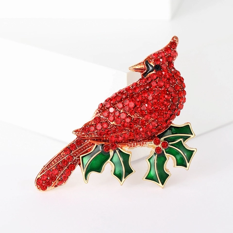Broche De Pájaro Cardenal Rojo Con Rama De Acebo Esmalte Hoja Aleación Rhinestone Joyería De Navidad Para Abrigo Mujer
