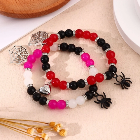 Halloween Spider Beaded Bracelet With Magnetic Heart And Alloy Spider Web Pendants For Couples Friends Jewelry