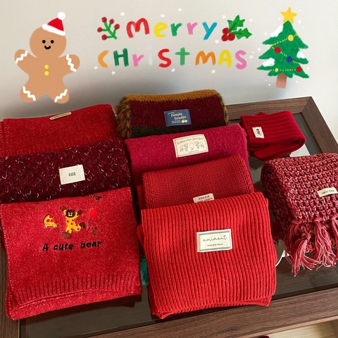 Sciarpa Donna Invernale Calda Spessa Rossa In Maglia Di Lana Muffole Con Ricamo Orso Nappe Regalo Natale Capodanno