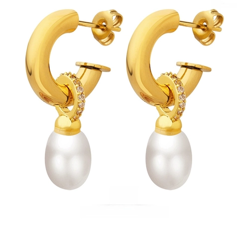 Pendientes Colgantes En Forma De C Perla Artificial Imitación Barroca Acero De Titanio Chapado En Oro Zircón Joyería Vintage