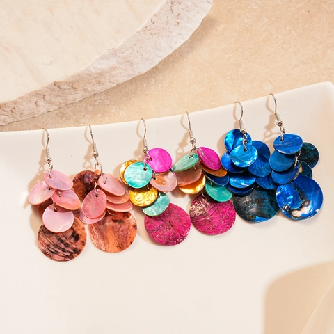 Pendientes Colgantes De Capas Redondas Geométricas De Concha Colorida Con Gancho De Aleación Joyería De Moda Para Mujer