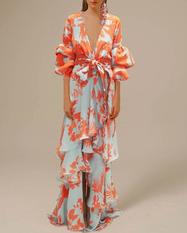Florale Maxi Jurk Polyester Chiffon Diepe V-Hals Pofmouwen Gelaagde Ruches Zoom Bohemien Vakantie Voor Dames