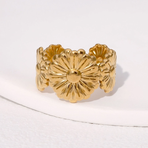 Anillo Abierto De Flor De Margarita De Acero Inoxidable Chapado En Oro De 18K Joyería De Moda Ajustable Para Mujer