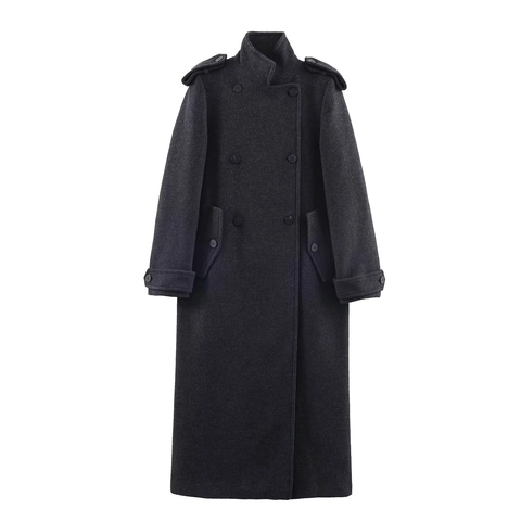 Dames Double-breasted Wollen Jas Met Opstaande Kraag Lange Trenchcoat Met Epauletten Oversized Herfst Winter Jas