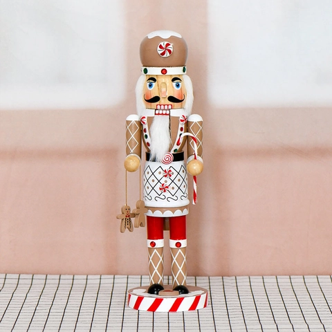 Gingerbread Man Nutcracker Soldier Figurine Wooden Christmas Tabletop Decoration Hand Painted Holiday Ornament Candy Cane Theme