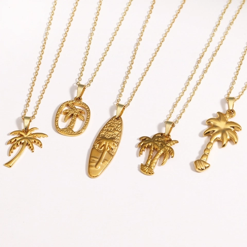 Coconut Palm Tree Surfboard Pendant Necklace Gold Plated Stainless Steel Summer Beach Holiday Style For Women Men
