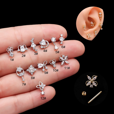 Cartilage Stud Earrings Stainless Steel Threaded Screw Back Zirconia Heart Moon Star Piercing Jewelry For Women