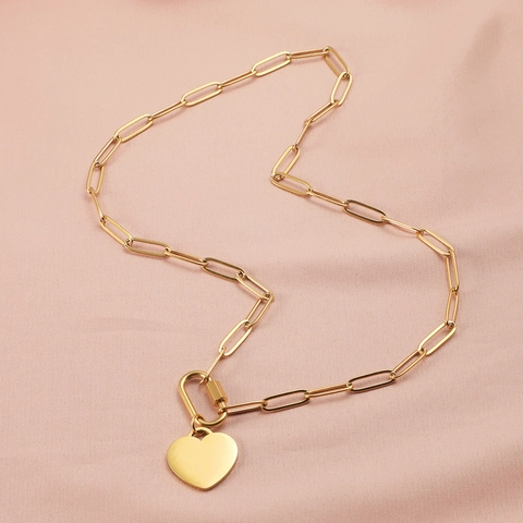 Heart Pendant Necklace 304 Stainless Steel Paperclip Chain Carabiner Clasp Polished Simple Fashion Jewelry For Women