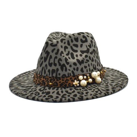 Women Vintage Leopard Print Woolen Fedora Hat With Pearl Flower Decoration Wide Brim Felt Jazz Hat For Travel Outdoor