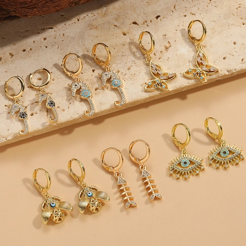 Retro Copper Zirconia Marine Life Drop Earrings Seahorse Butterfly Evil Eye Fish Bone Animal Jewelry For Women